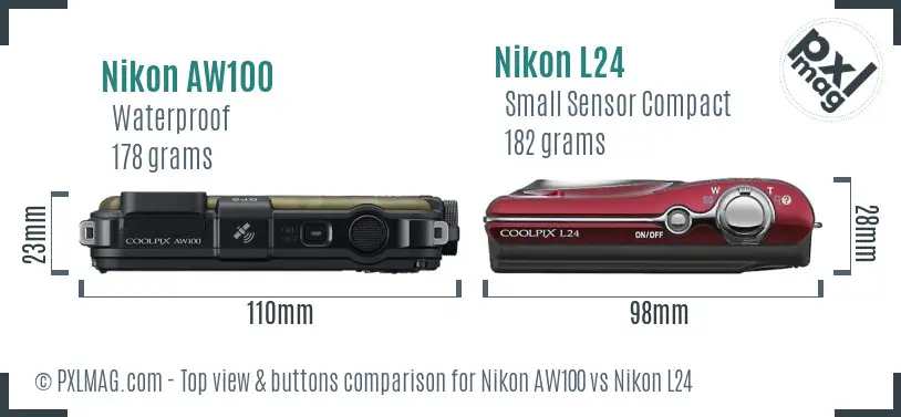 Nikon AW100 vs Nikon L24 top view buttons comparison