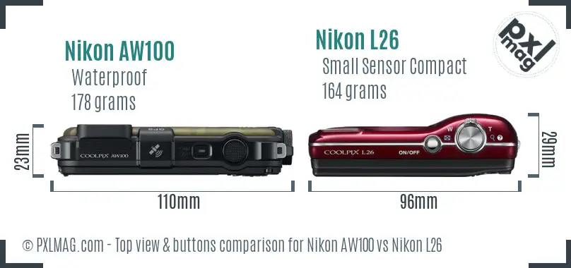 Nikon AW100 vs Nikon L26 top view buttons comparison Nikon AW100 vs Nikon L26 top view buttons comparison
