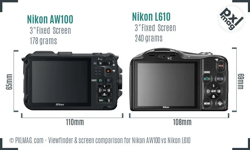 Nikon AW100 vs Nikon L610 Screen and Viewfinder comparison