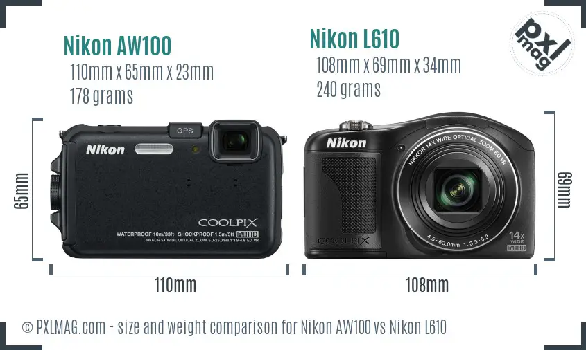 Nikon AW100 vs Nikon L610 size comparison