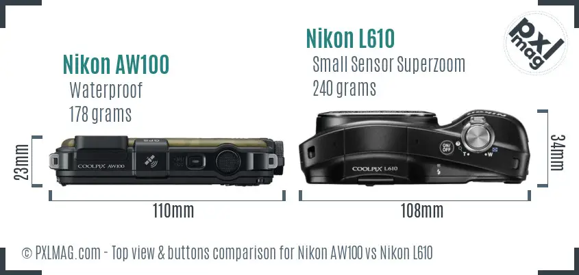 Nikon AW100 vs Nikon L610 top view buttons comparison