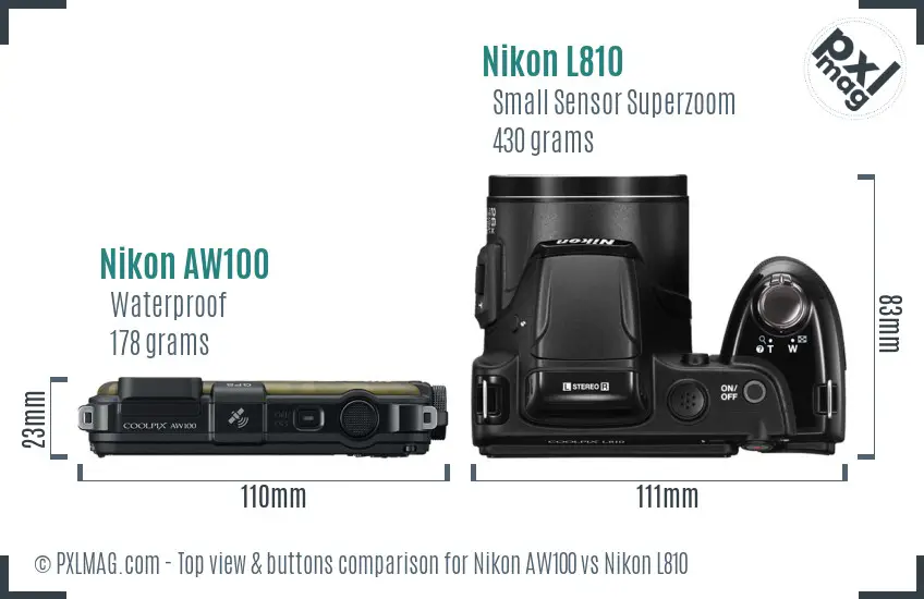 Nikon AW100 vs Nikon L810 top view buttons comparison