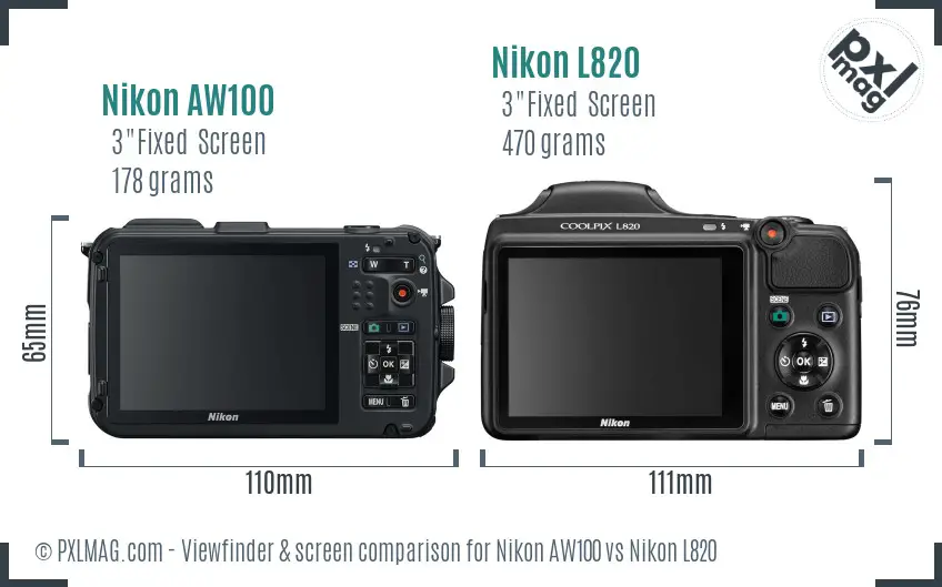 Nikon AW100 vs Nikon L820 Screen and Viewfinder comparison