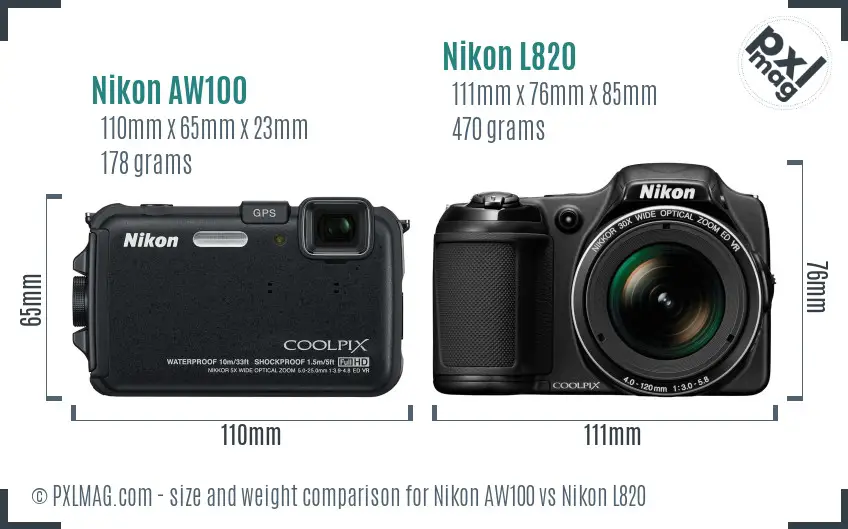 Nikon AW100 vs Nikon L820 size comparison