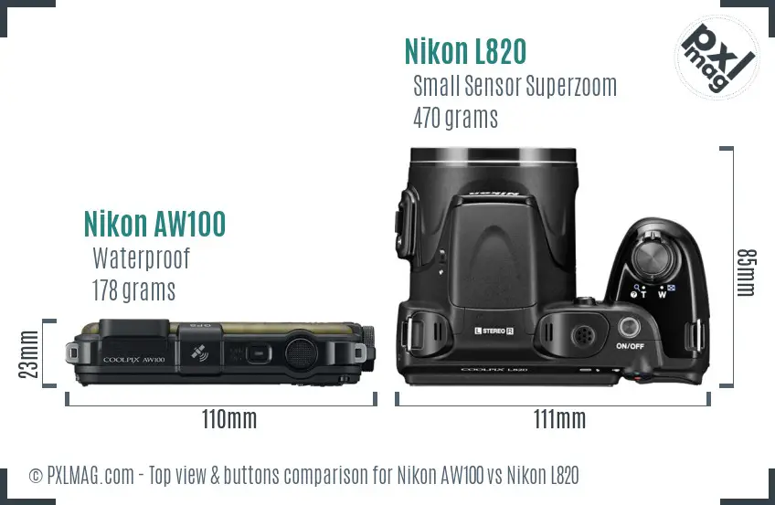Nikon AW100 vs Nikon L820 top view buttons comparison