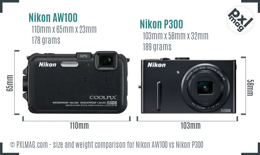 Nikon AW100 vs Nikon P300 size comparison