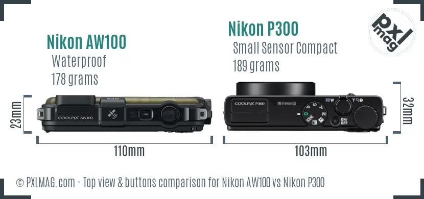 Nikon AW100 vs Nikon P300 top view buttons comparison