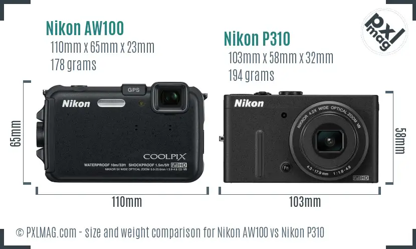 Nikon AW100 vs Nikon P310 size comparison Nikon AW100 vs Nikon P310 size comparison