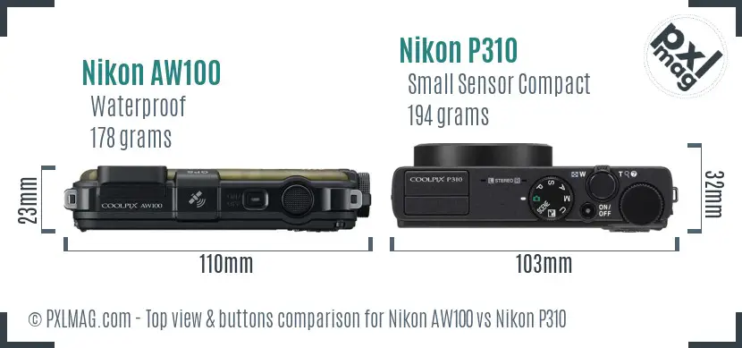 Nikon AW100 vs Nikon P310 top view buttons comparison Nikon AW100 vs Nikon P310 top view buttons comparison