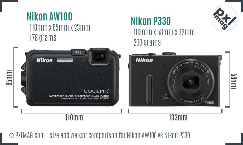 Nikon AW100 vs Nikon P330 size comparison