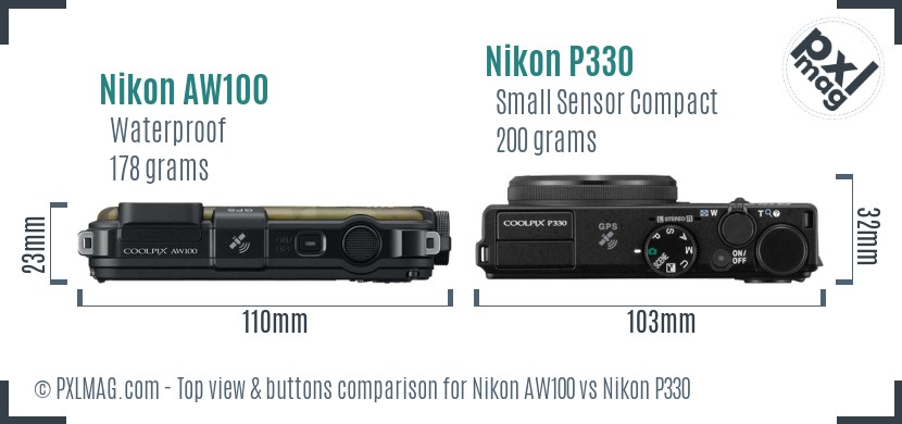 Nikon AW100 vs Nikon P330 top view buttons comparison