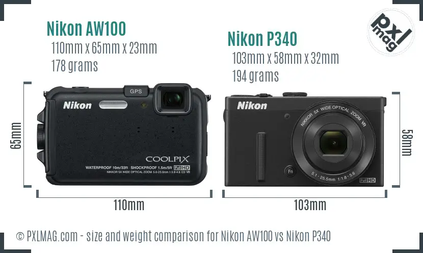 Nikon AW100 vs Nikon P340 size comparison Nikon AW100 vs Nikon P340 size comparison