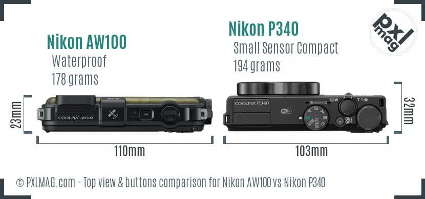 Nikon AW100 vs Nikon P340 top view buttons comparison Nikon AW100 vs Nikon P340 top view buttons comparison