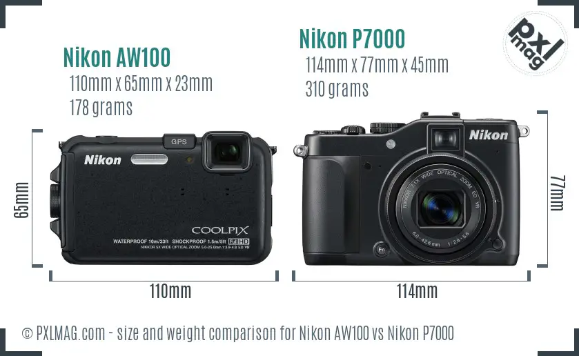 Nikon AW100 vs Nikon P7000 size comparison