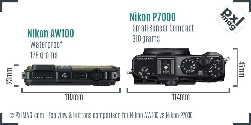 Nikon AW100 vs Nikon P7000 top view buttons comparison