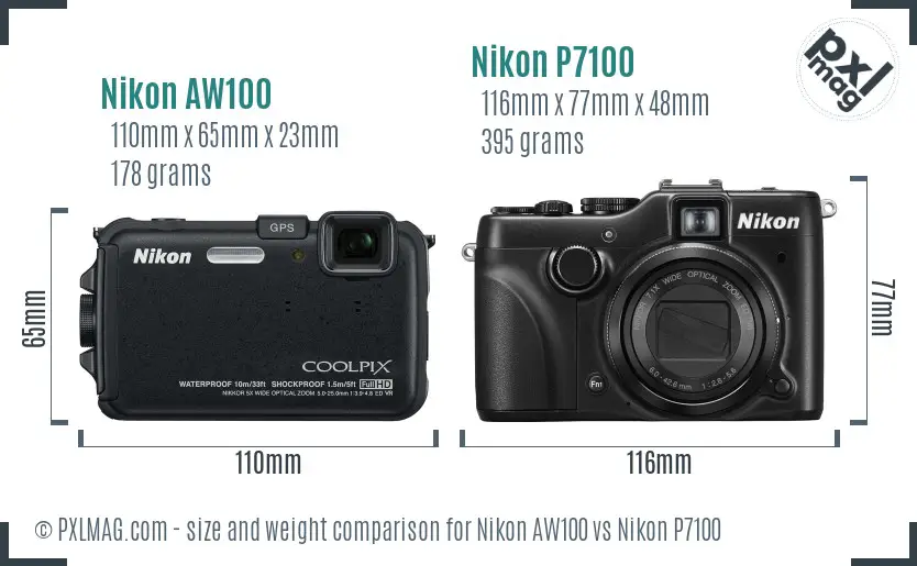 Nikon AW100 vs Nikon P7100 size comparison