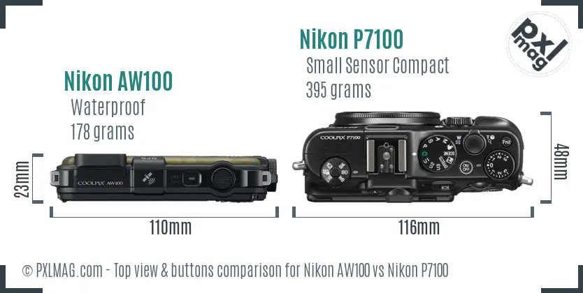 Nikon AW100 vs Nikon P7100 top view buttons comparison