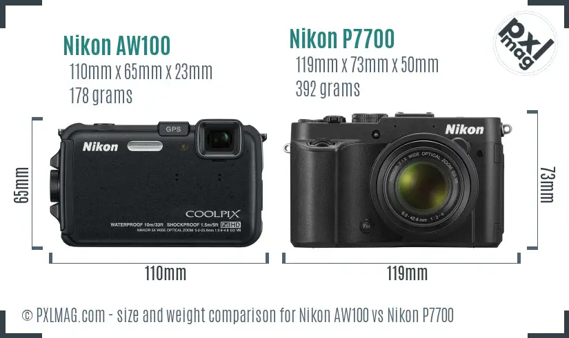 Nikon AW100 vs Nikon P7700 size comparison