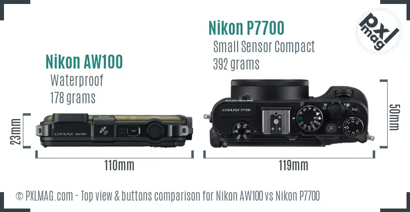 Nikon AW100 vs Nikon P7700 top view buttons comparison