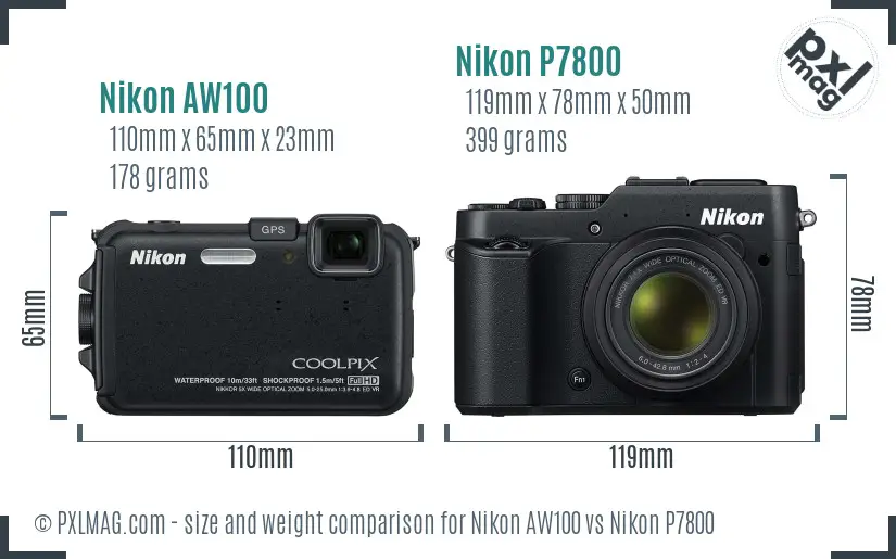 Nikon AW100 vs Nikon P7800 size comparison Nikon AW100 vs Nikon P7800 size comparison