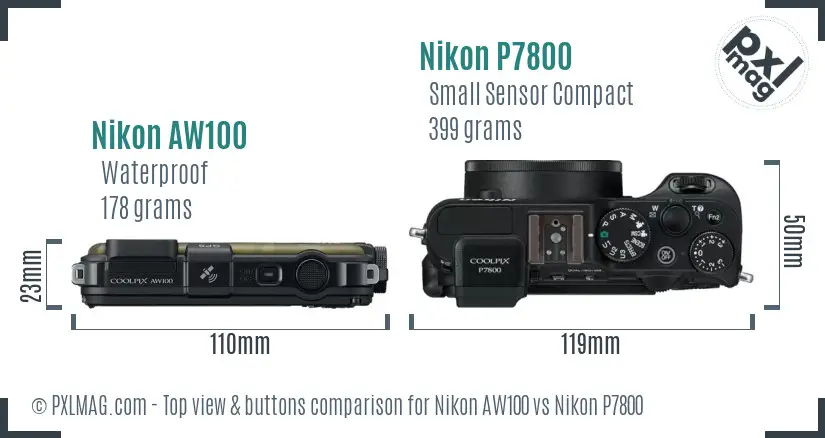 Nikon AW100 vs Nikon P7800 top view buttons comparison Nikon AW100 vs Nikon P7800 top view buttons comparison