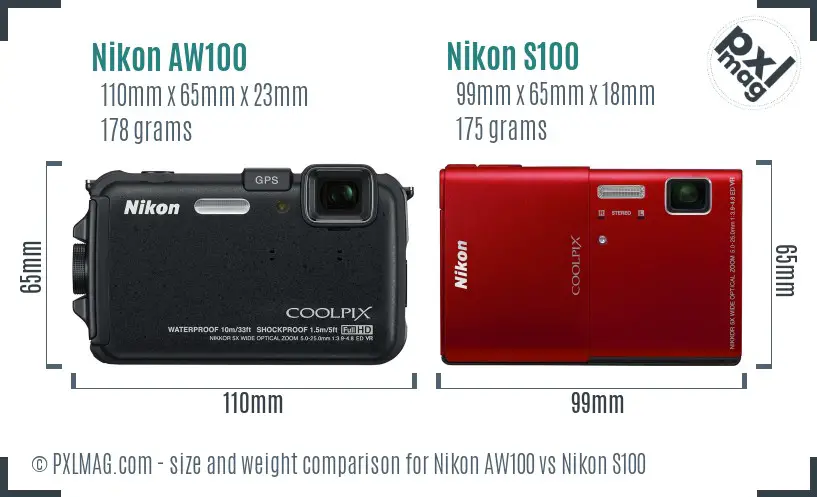 Nikon AW100 vs Nikon S100 size comparison Nikon AW100 vs Nikon S100 size comparison