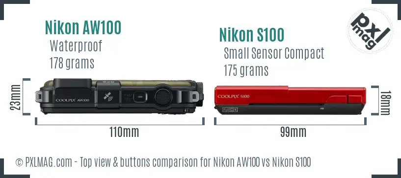 Nikon AW100 vs Nikon S100 top view buttons comparison Nikon AW100 vs Nikon S100 top view buttons comparison