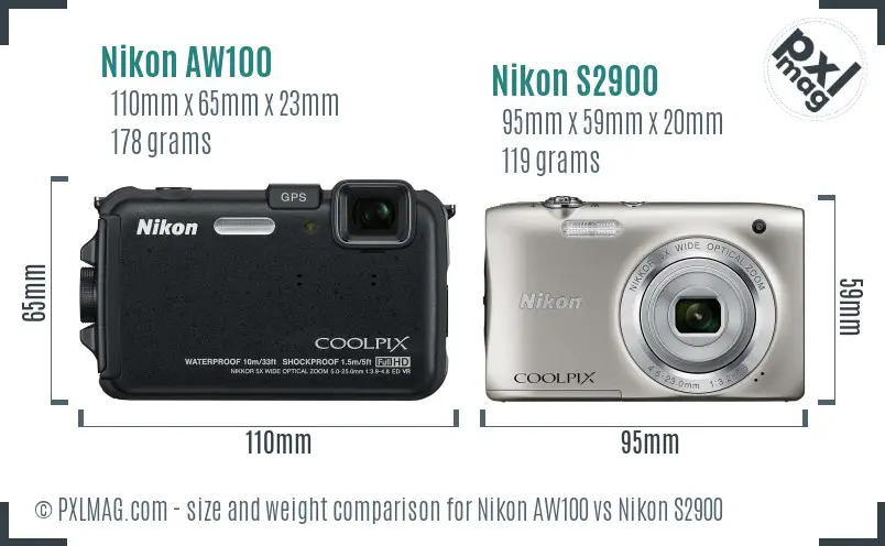 Size comparison with Nikon AW100 being chunkier and solid compared to slimmer S2900