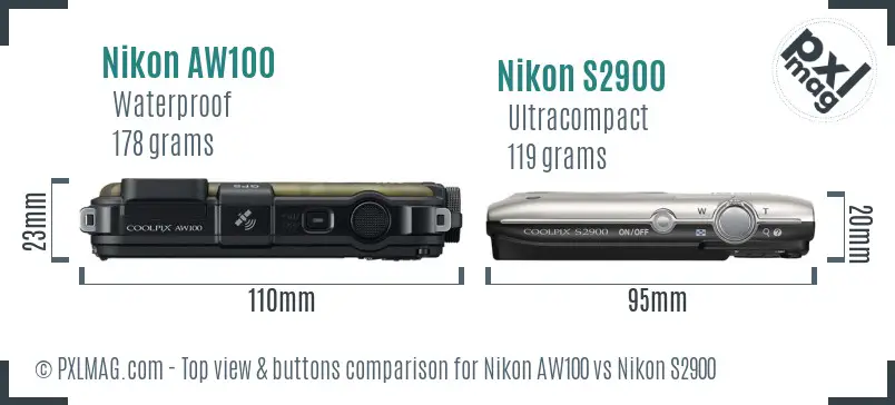 Top control layout view pitting Nikon AW100’s rugged buttons against S2900’s flatter keys