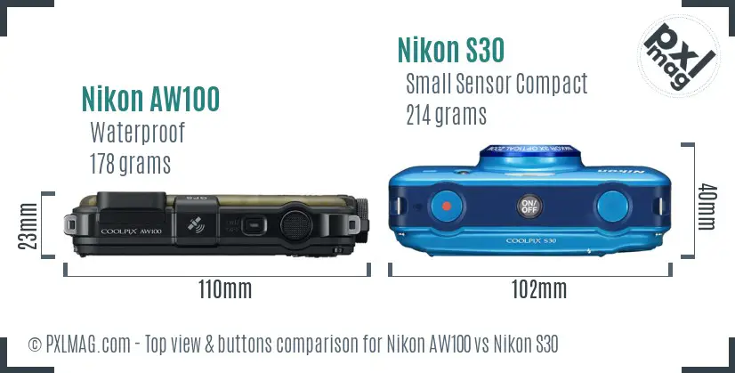Nikon AW100 vs Nikon S30 top view buttons comparison Nikon AW100 vs Nikon S30 top view buttons comparison