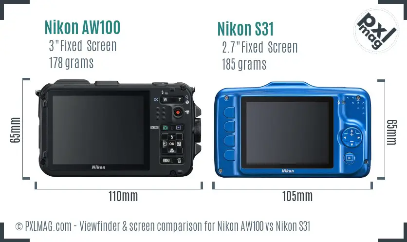 Nikon AW100 vs Nikon S31 Screen and Viewfinder comparison