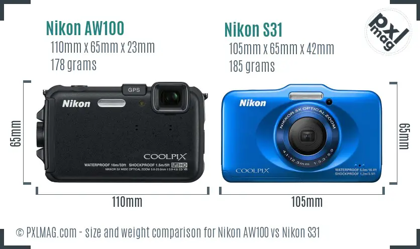 Nikon AW100 vs Nikon S31 size comparison