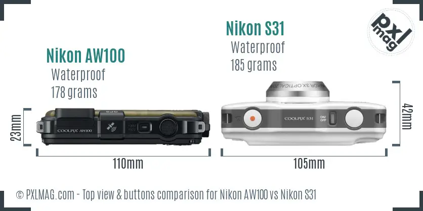 Nikon AW100 vs Nikon S31 top view buttons comparison