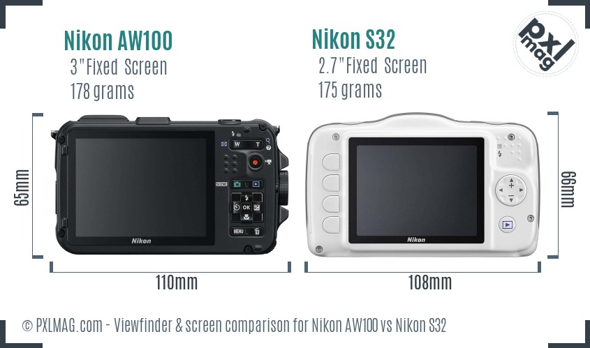 Nikon AW100 vs Nikon S32 Screen and Viewfinder comparison