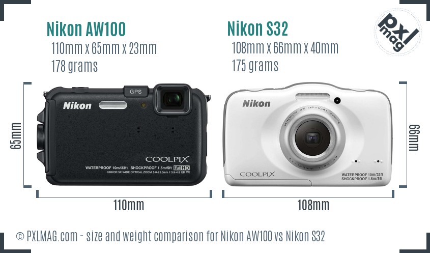 Nikon AW100 vs Nikon S32 size comparison
