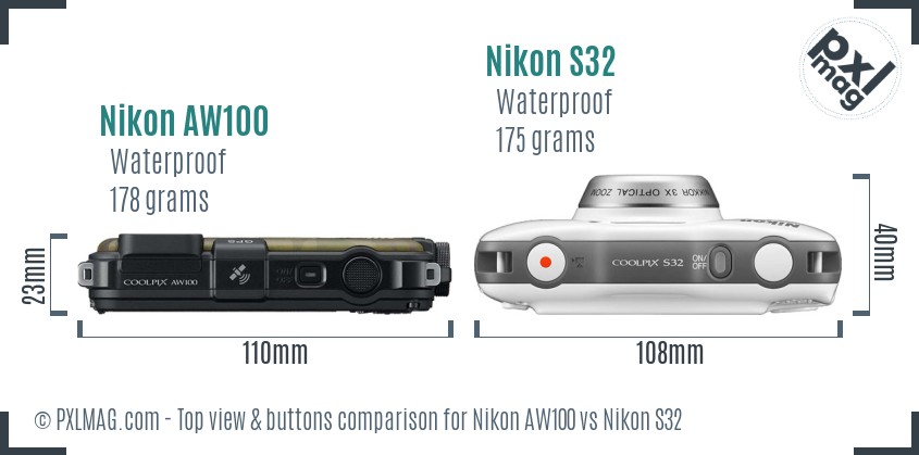 Nikon AW100 vs Nikon S32 top view buttons comparison