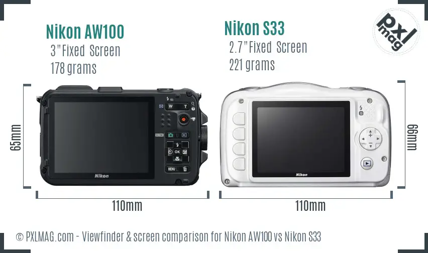 Nikon AW100 vs Nikon S33 Screen and Viewfinder comparison