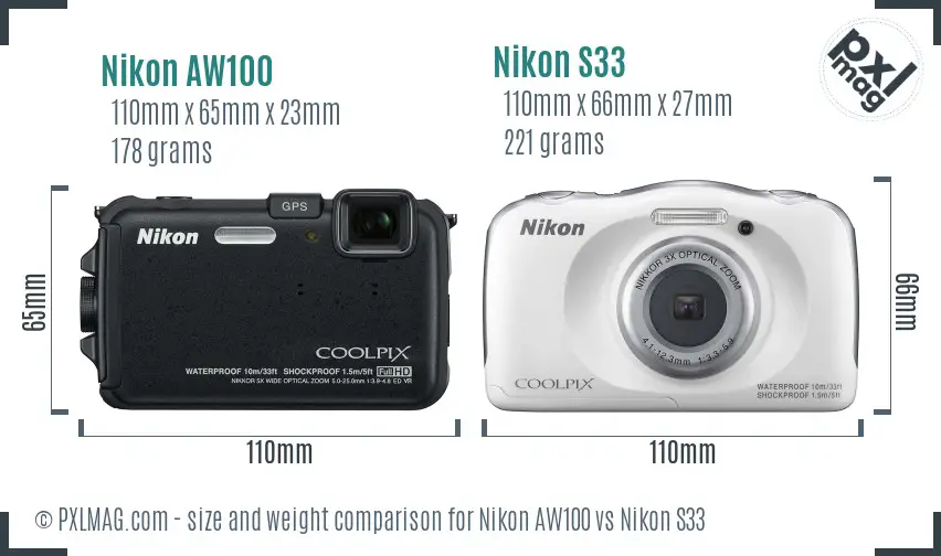 Nikon AW100 vs Nikon S33 size comparison
