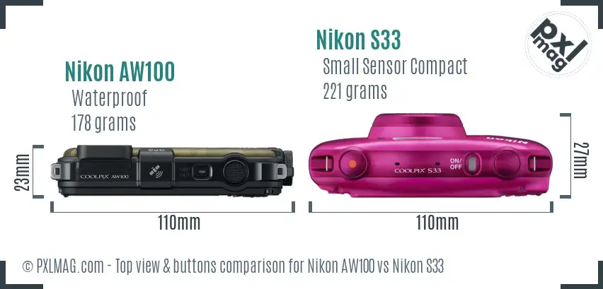 Nikon AW100 vs Nikon S33 top view buttons comparison