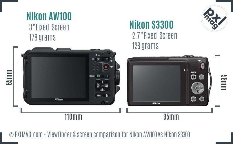 Nikon AW100 vs Nikon S3300 Screen and Viewfinder comparison
