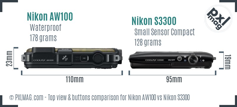 Nikon AW100 vs Nikon S3300 top view buttons comparison