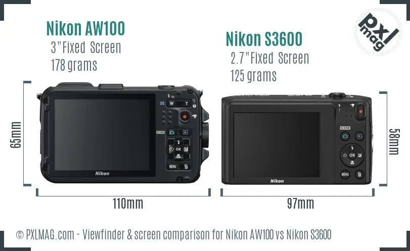 Nikon AW100 vs Nikon S3600 Screen and Viewfinder comparison