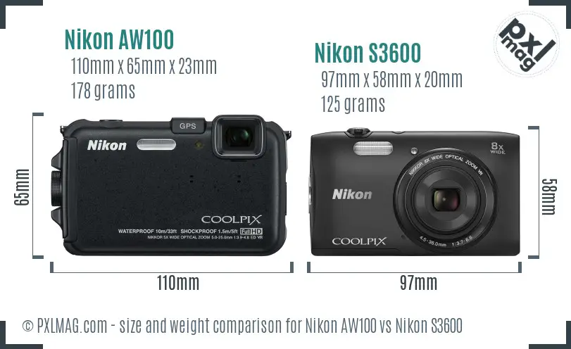 Nikon AW100 vs Nikon S3600 size comparison