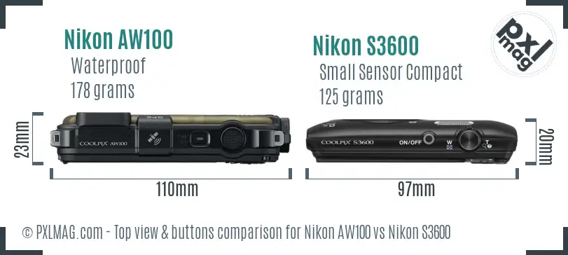 Nikon AW100 vs Nikon S3600 top view buttons comparison