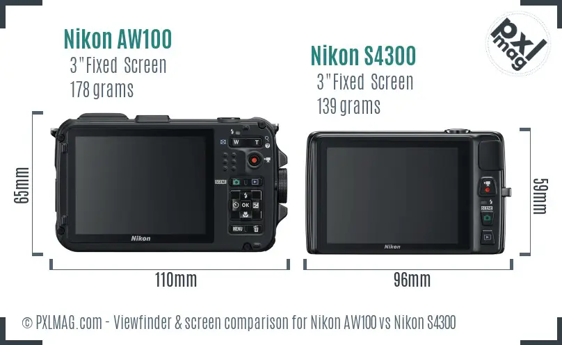 Nikon AW100 vs Nikon S4300 Screen and Viewfinder comparison