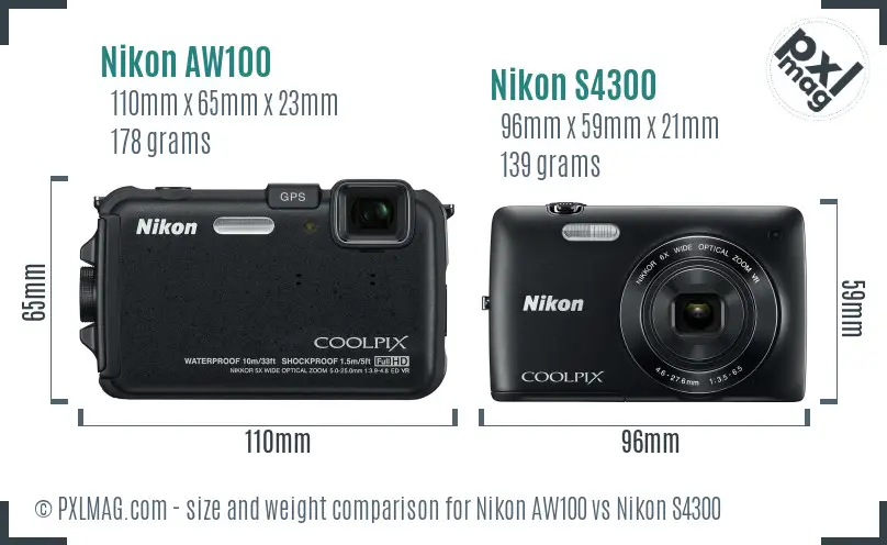 Nikon AW100 vs Nikon S4300 size comparison