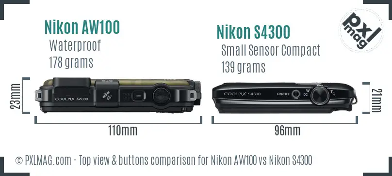 Nikon AW100 vs Nikon S4300 top view buttons comparison