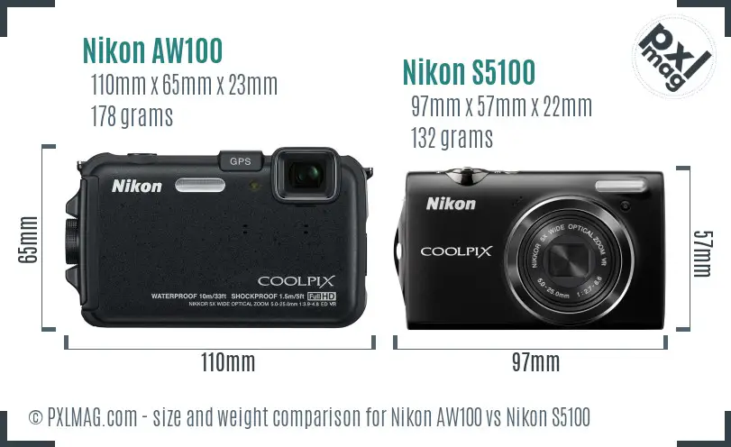 Nikon AW100 vs Nikon S5100 size comparison