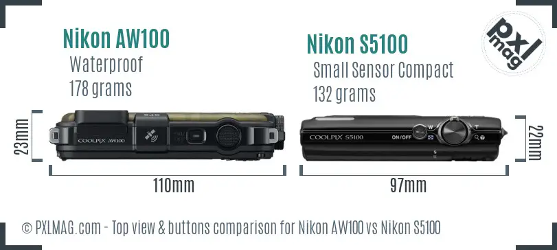 Nikon AW100 vs Nikon S5100 top view buttons comparison