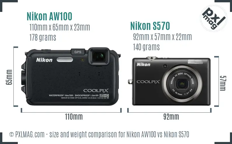 Nikon AW100 vs Nikon S570 size comparison